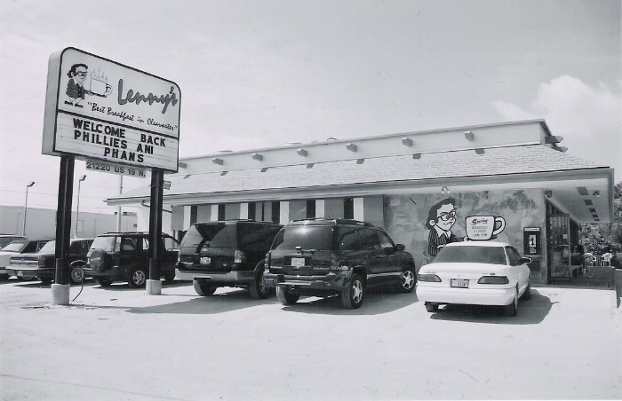 The elements of everybody's local diner abstracted and adorned with Phillies memorabilia